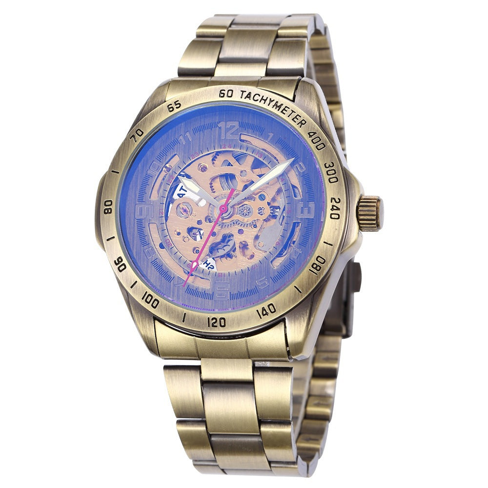 Orologio da polso automatico scheletrato in bronzo Shenhua con cinturino in pelle marrone e ghiera tachimetrica | Orologio da polso di lusso da uomo vintage steampunk con quadrante trasparente