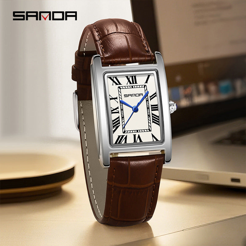 SANDA Women's Rectangle Rose Gold Watch | White Roman Numeral Dial Blue Hands Black Leather Strap Classic Quartz Timepiece