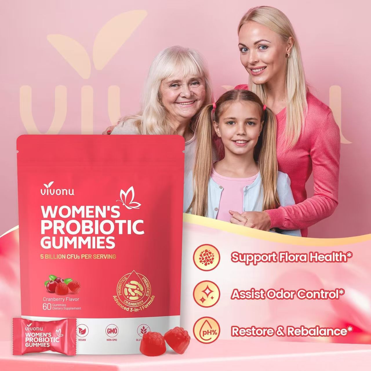 Women's Probiotic Gummies 5 Billion CFUs, Advanced 3-in-1 Cranberry Prebiotic & Probiotic Supplement, Vegan Non-GMO No Sugar Gut Health Gummy, Digestive & Vaginal Flora Support, 60 Count Daily Wellness