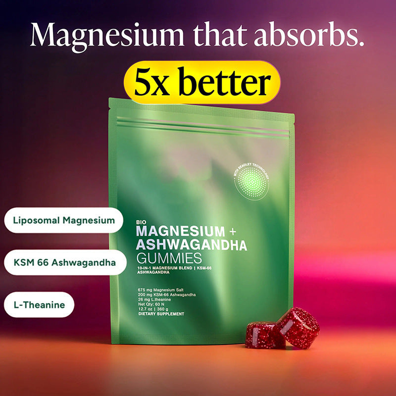 Roots Lab Bio Magnesium + Ashwagandha Gummies | Liposomal Magnesium KSM-66 & L-Theanine | 10-in-1 Blend 60 Count Dietary Supplement