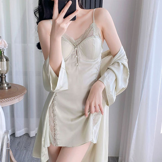 Women's Red Satin Pearl Button Lace Trim Chemise Nightgown | Padded Cup Spaghetti Strap Slip Dress | Romantic Korean Style Sleepwear Lingerie