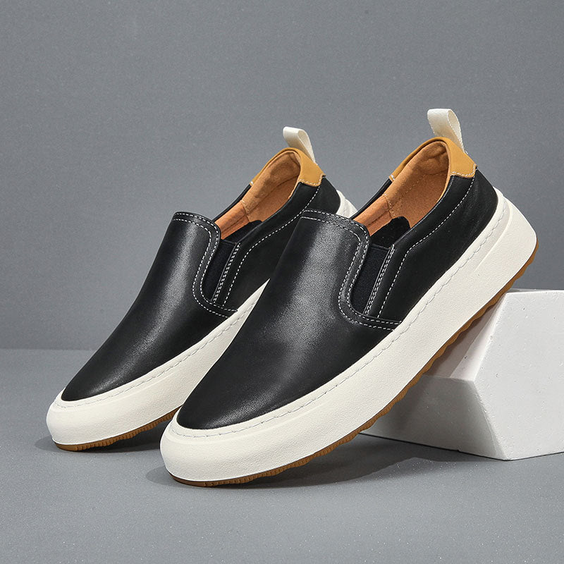 White Leather Slip-On Sneakers Men Casual Loafers Elastic Panel Gum Sole Minimalist Flat Shoes
