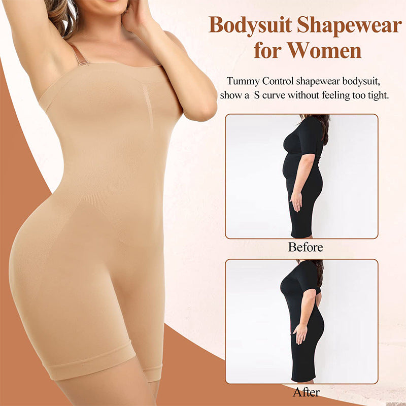 Black Strapless Full Body Shaper Bodysuit | Seamless Tummy Control Mid-Thigh Shapewear for Women