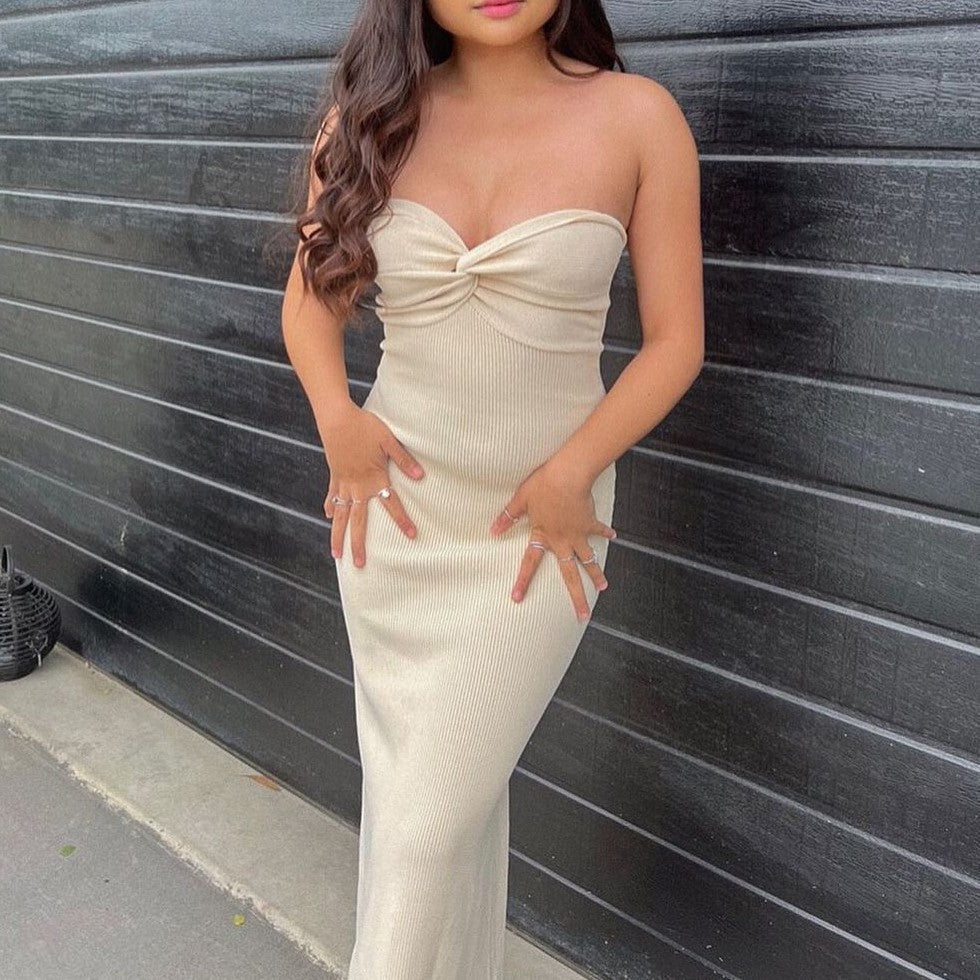 Black Strapless Midi Dress | Ribbed Bodycon Bandeau Dress | Elegant Evening & Party Dress for Women
