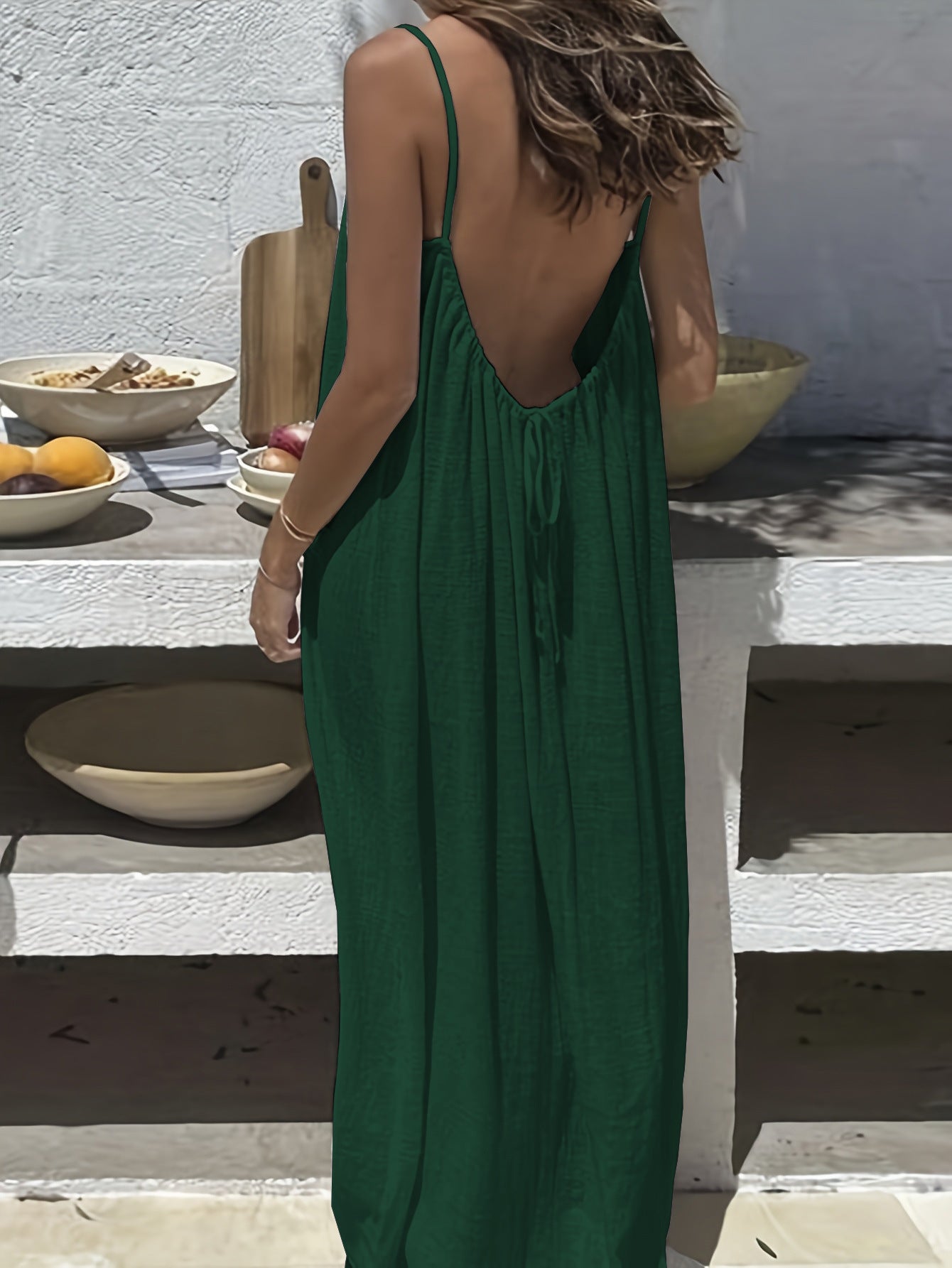 Women's White Open Back Tie Maxi Dress Spaghetti Strap Flowy Loose Beach Sundress Boho Summer Vacation Dress