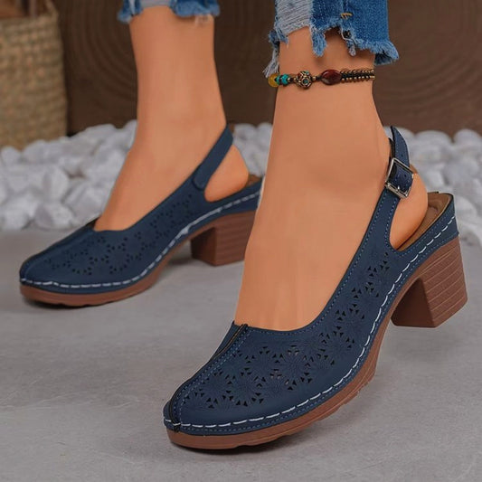 Burgundy Cutout Floral Block Heel Slingback Sandals for Women | Hollow Out Laser Cut Pointed Toe Mid Heel Shoes | Vintage Boho Chunky Heel Sandals | Elegant Casual Summer Heels