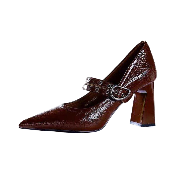 Black Crinkle Patent Leather Mary Jane Block Heels | Pointed Toe Double Buckle Strap Pumps for Women | Vintage Retro Office Party Shoes