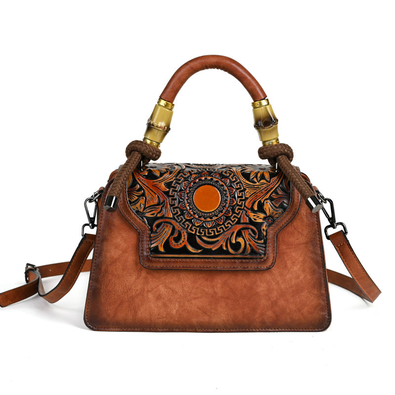 Black Leather Handbag with Tooled Design - Artisan Embossed Shoulder Bag with Braided Handle | Bohemian Ethnic Satchel