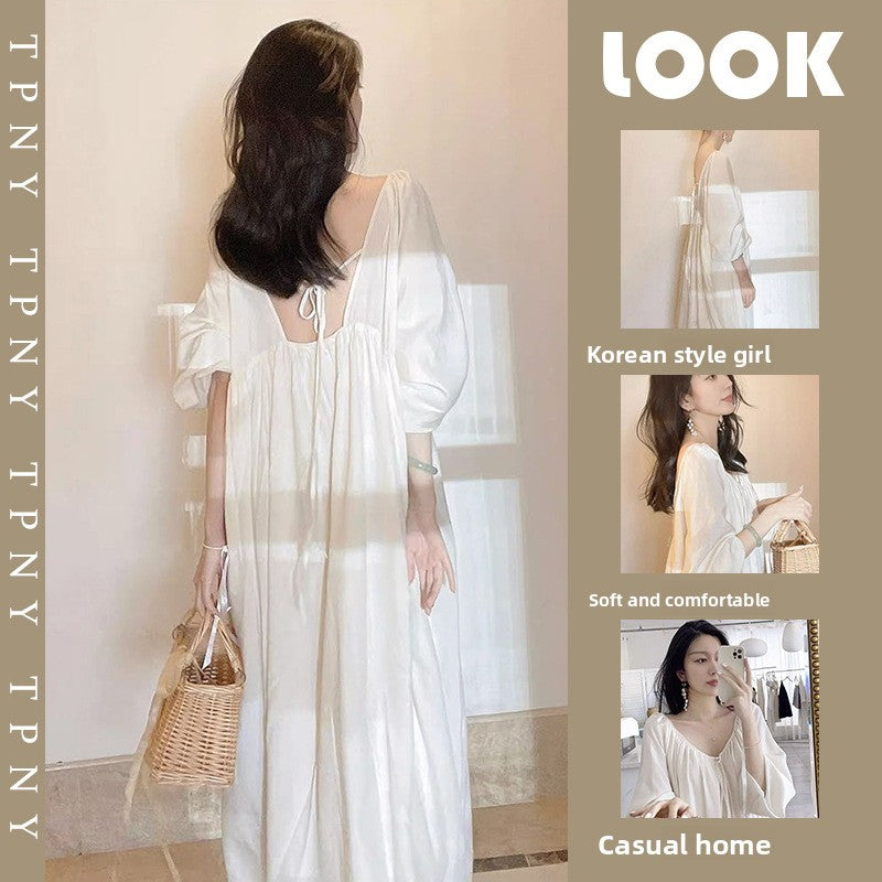 Women's Beige Oversized Loose Maxi Dress Casual V-Neck Tie Front Puff Sleeve Flowy Nightgown Sleepwear Dress