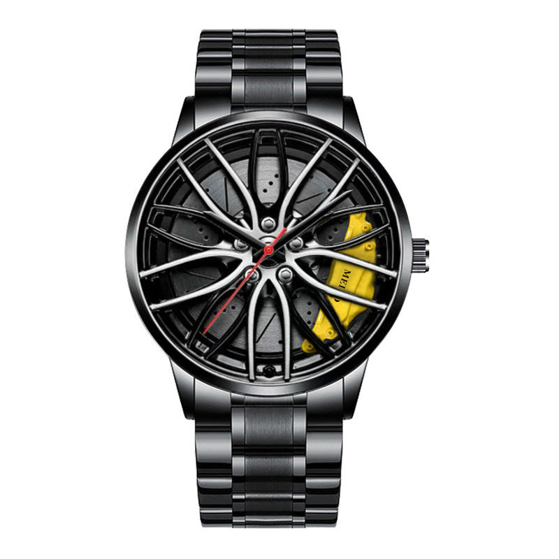 MEIBO Spinning Rim Watch Men | 3D Black Wheel Dial Red Brake Caliper | All Black Steel Bracelet | Car Enthusiast Racing Watch