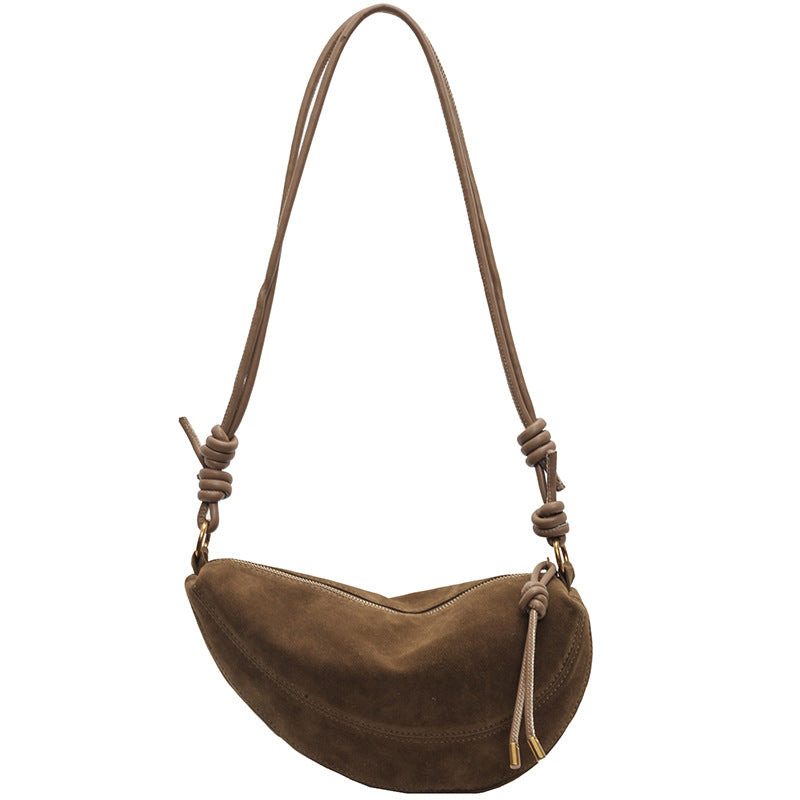 Suede Crescent Shoulder Bag with Knotted Strap & Gold Hardware | Women's Half Moon Hobo Bag in Brown | Trendy Minimalist Crossbody for Everyday & Going Out