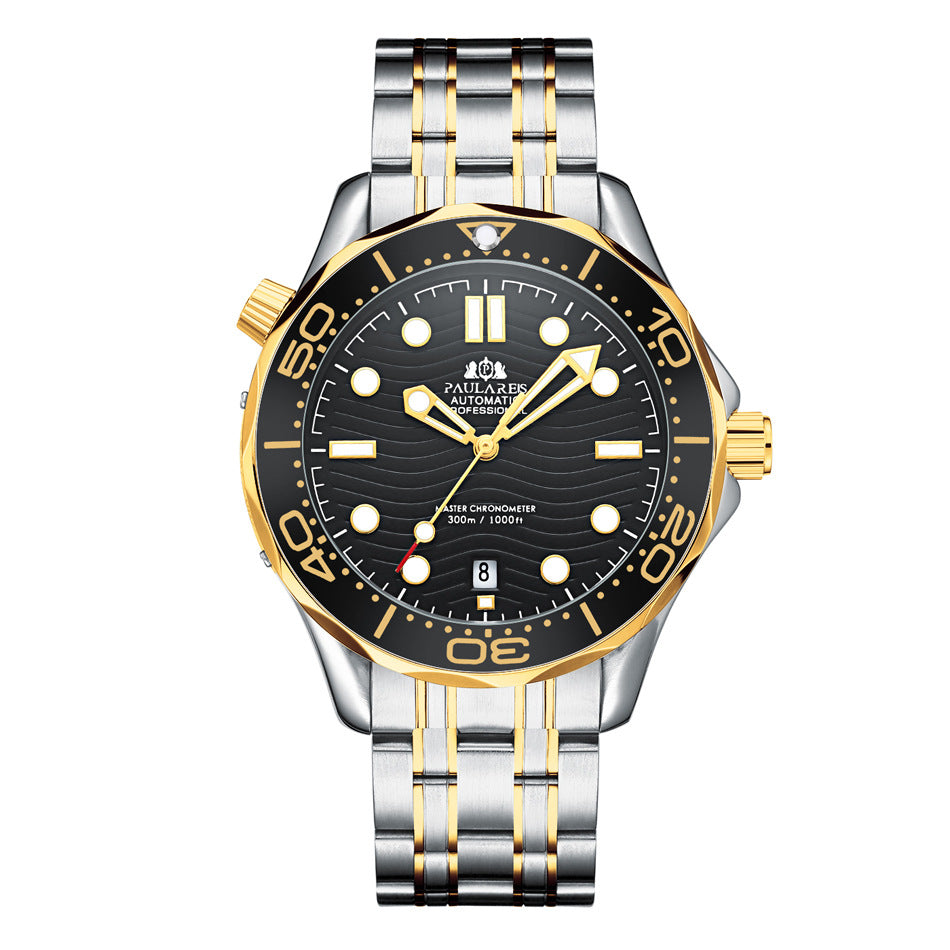 Paula Reis Automatic Professional Diver Watch | Black Dial Master Chronometer 300M | Stainless Steel Bracelet Men's Watch