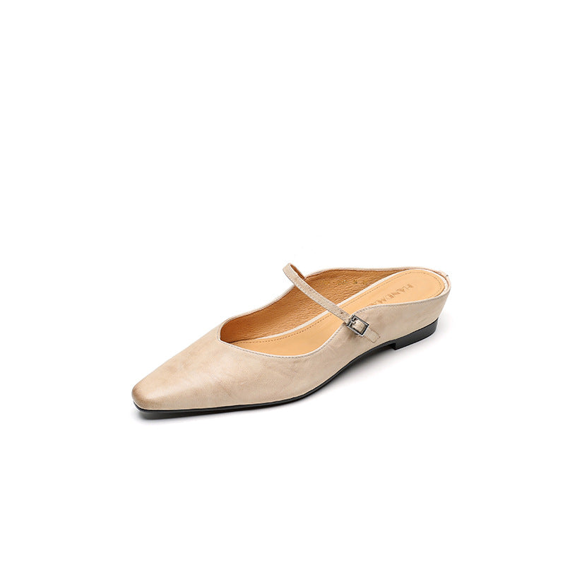 Handmade Leather Pointed Toe Mule Sandals for Women | Buckle Strap Flat Mules | Available in Black Beige Burgundy | Elegant Artisan Leather Flat Shoes | Luxury Handcrafted Mules