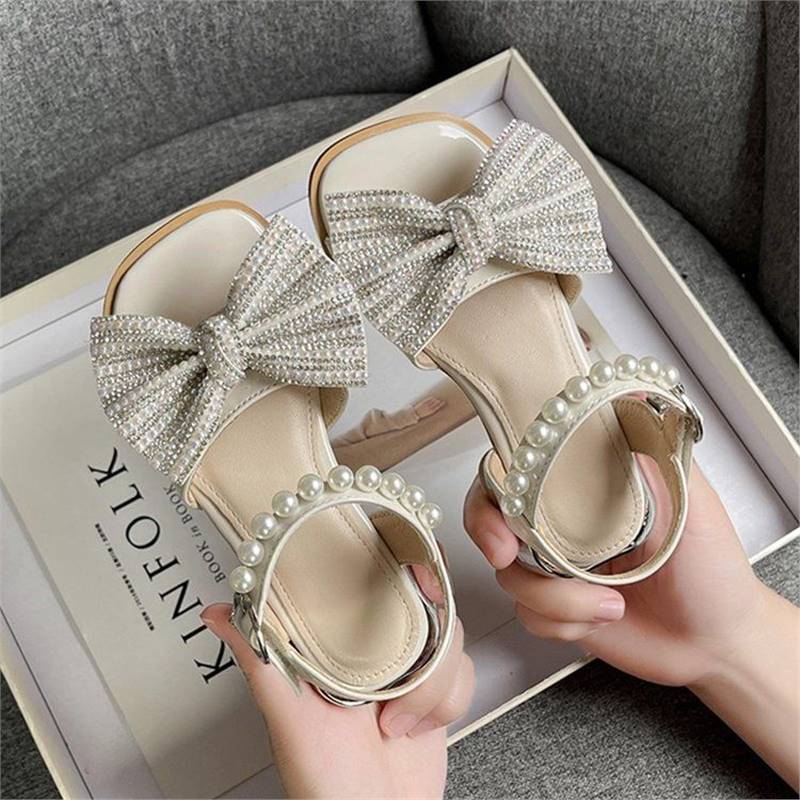 Red Patent Crystal Rhinestone Bow Pearl Strap Sandals for Girls | Diamond Bow Pearl Ankle Strap Kids Dress Sandals | Luxury Princess Party Wedding Sandals | Elegant Little Girl Formal Shoes