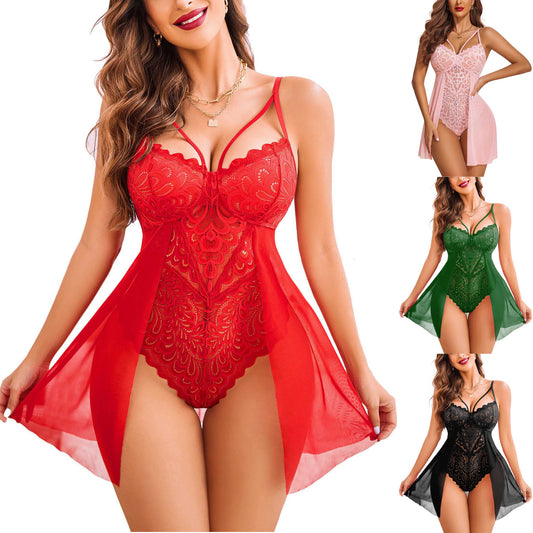 Women's Black Floral Lace Babydoll Lingerie Sexy Deep V Spaghetti Strap Chemise with Sheer Mesh Skirt
