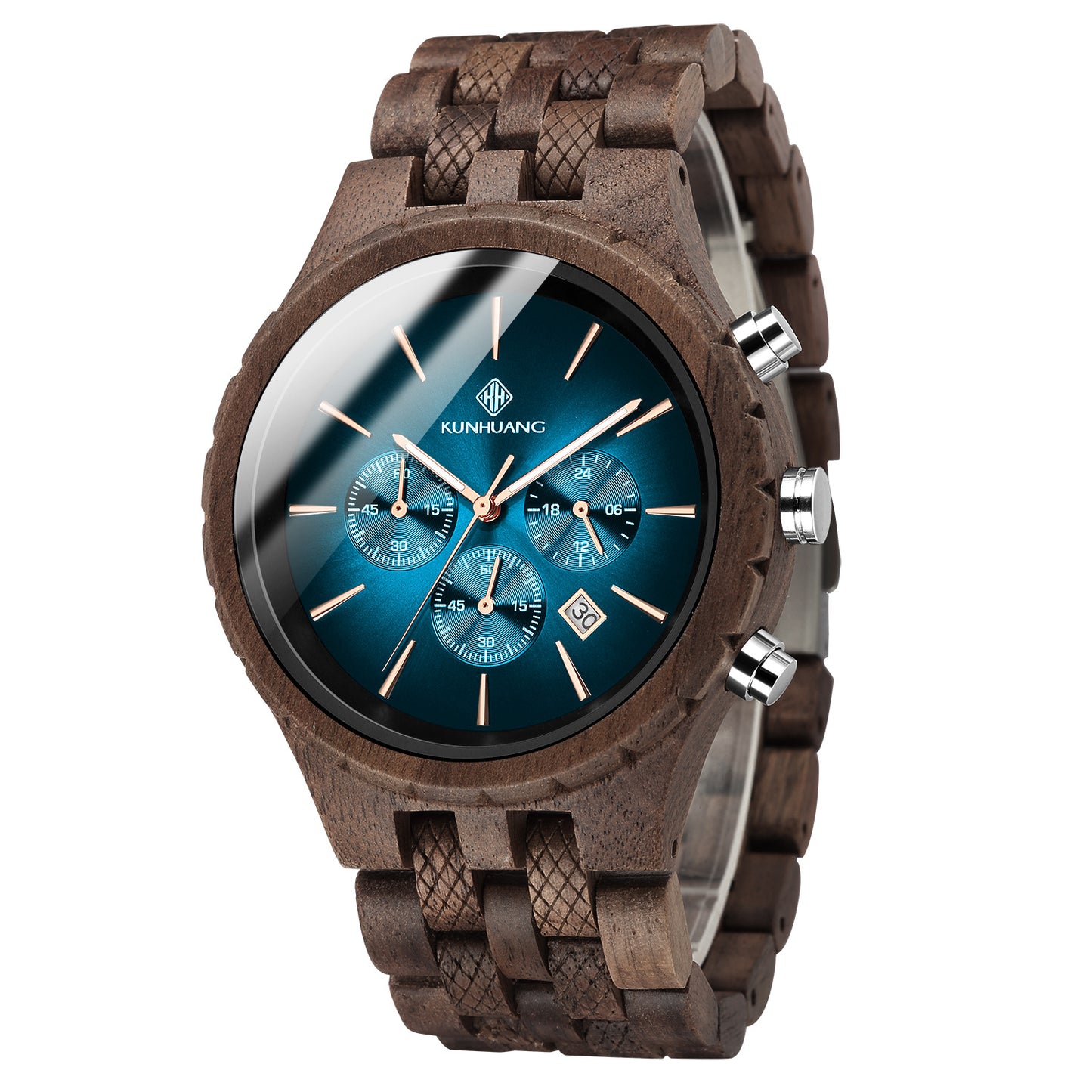 KUNHUANG Men's Wooden Chronograph Watch | Blue Dial Rose Gold Hands | Natural Wood Bracelet | Luxury Handcrafted Timepiece