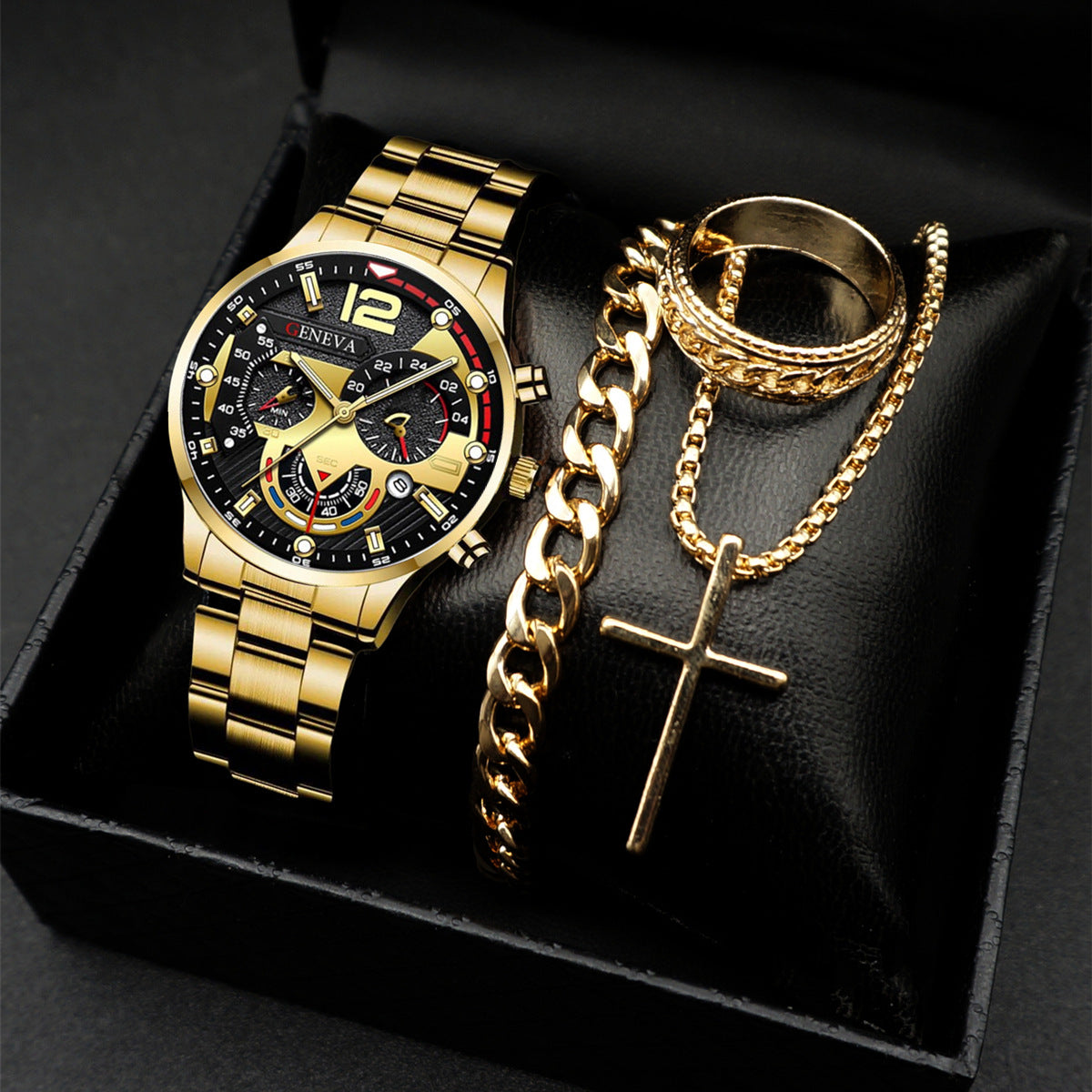Geneva Men's 3-Piece Black Gift Set | Chronograph Watch + Cuban Link Bracelet + Cross Necklace Luxury Jewelry Box