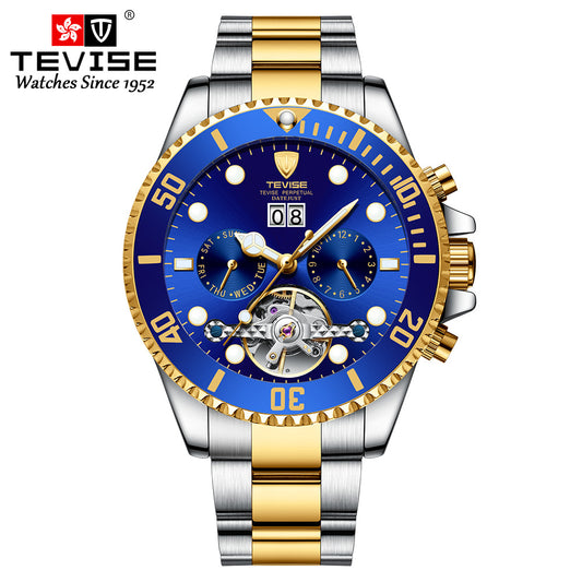TEVISE Automatic Tourbillon Watch Men | Green Dial Skeleton Flywheel | Silver Stainless Steel | Day Date Diver Style Watch