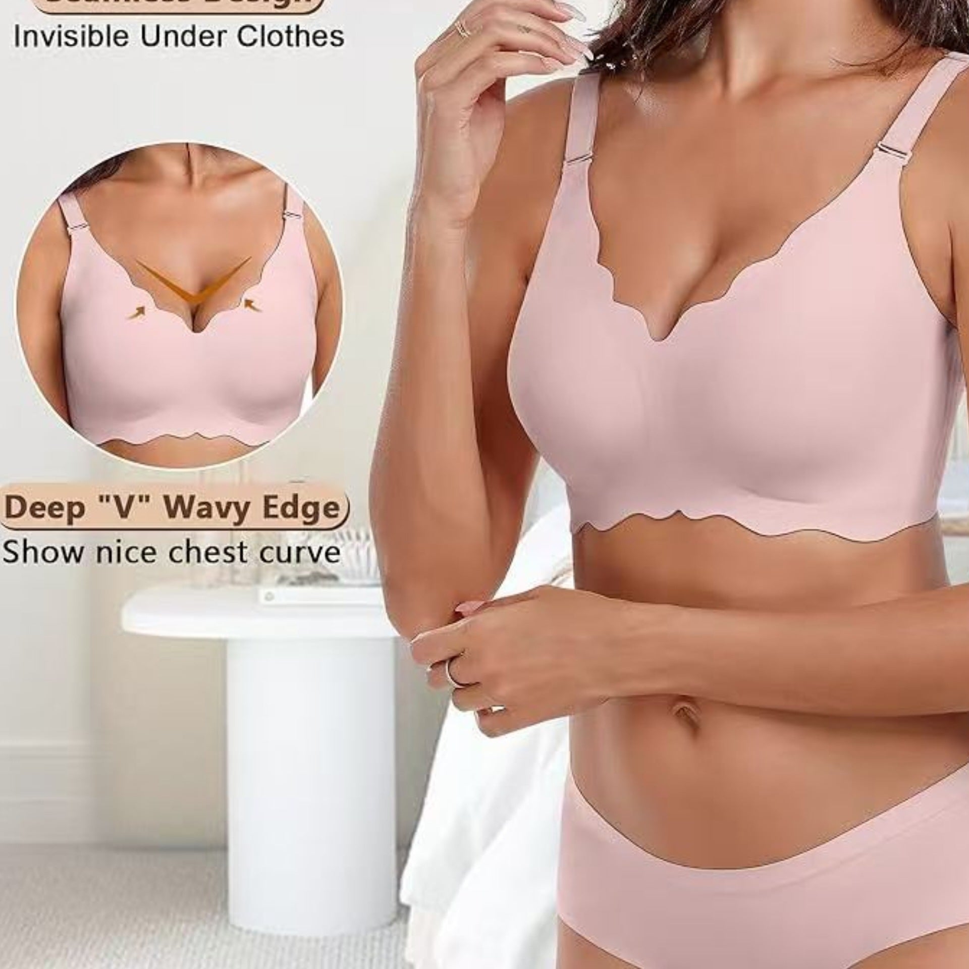 Women's Nude Seamless Wireless Lifting Bra with Scallop Edge, Adjustable Straps and Back Hook Closure for Comfort Support