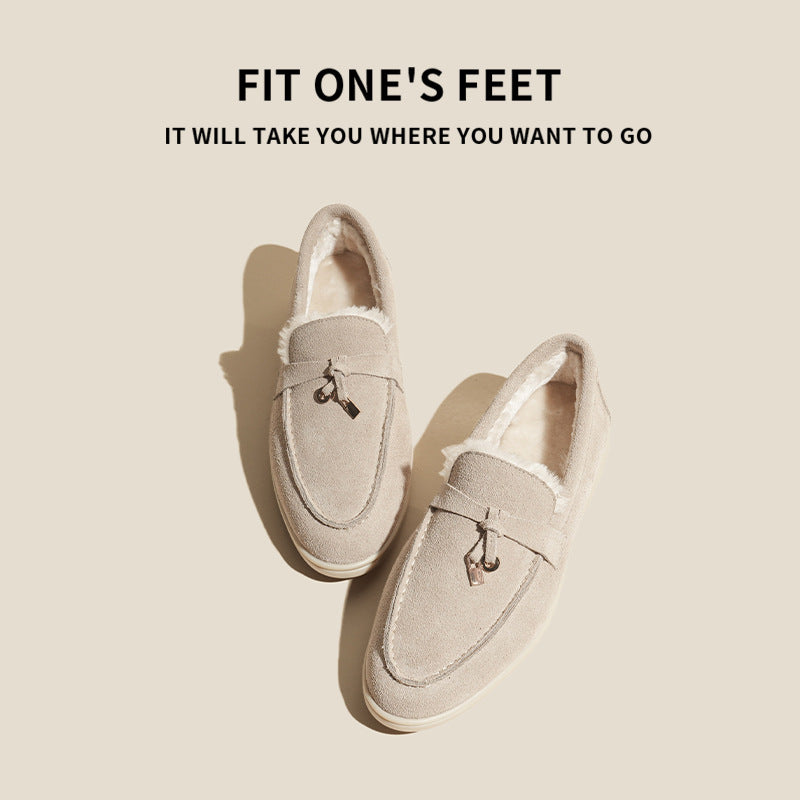 Women's Beige Suede Loafers with Gold Lock Charm ? Elegant Slip-On Flat Shoes for Everyday Luxury