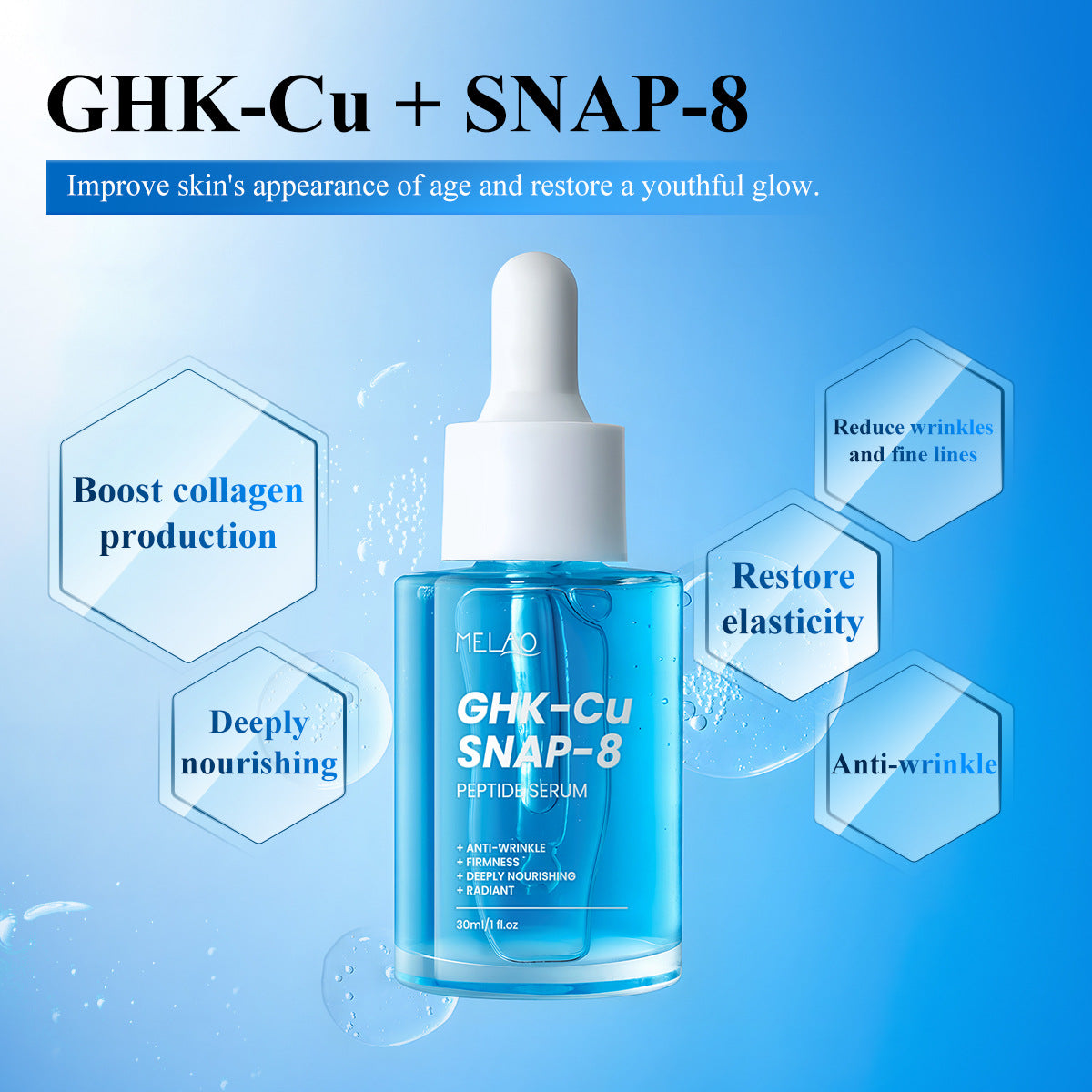 سيروم الببتيد MELAO GHK-Cu SNAP-8 | مضاد للتجاعيد + شد البشرة + إشراقة | سيروم للوجه 30 مل