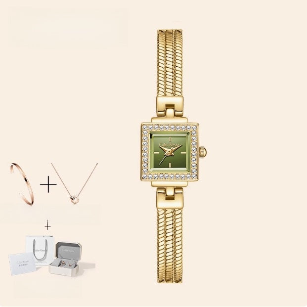Women's Gold Square Crystal Bezel Watch | Diamond Pave Snake Chain Bracelet Champagne Dial Luxury Quartz Timepiece