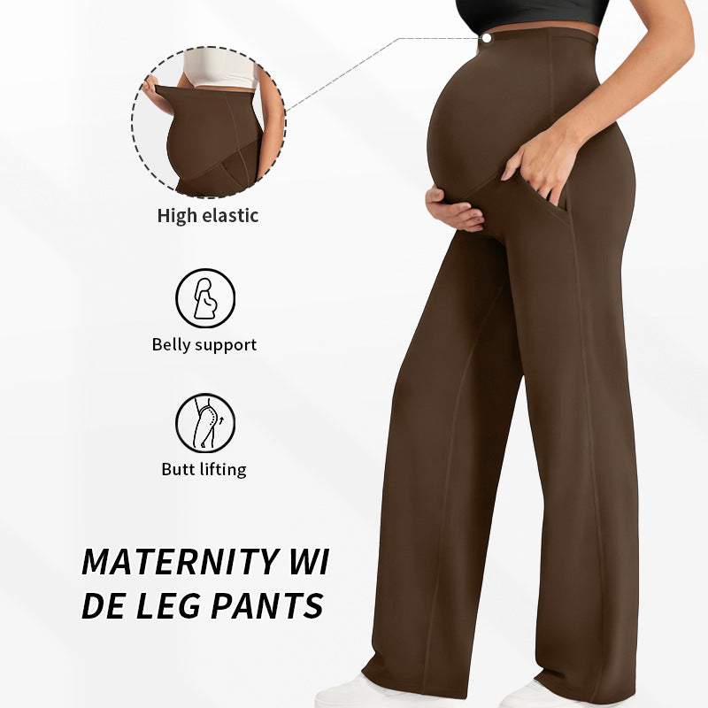 High Waist Maternity Wide Leg Pants with Pockets | Butt Lifting High Elastic Over Bump Pregnancy Trousers | Flowy Casual Lounge Pants | All Trimesters | Brown