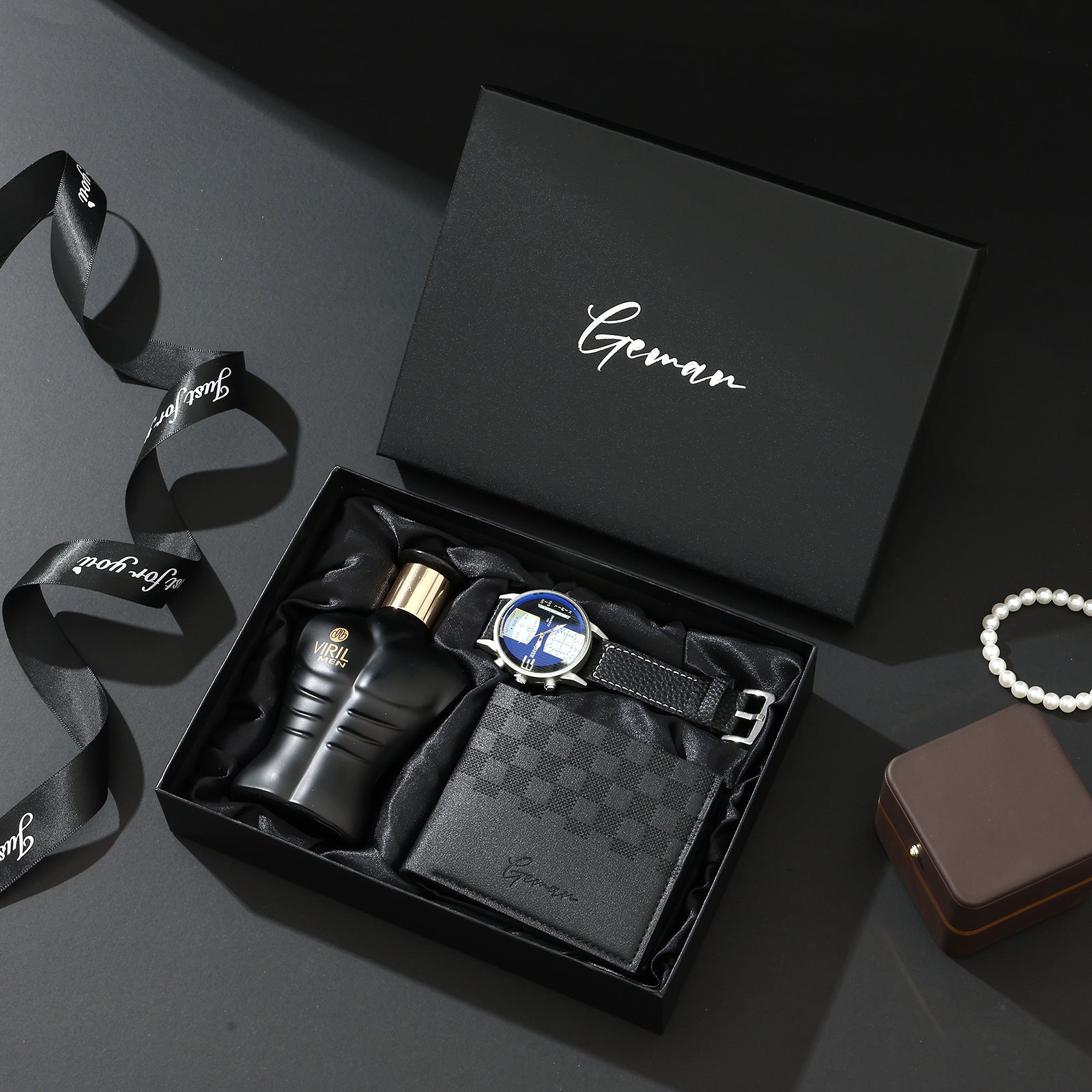 Geman Men's Luxury Gift Set – 6-Piece Black Leather Belt, Wallet, Watch, Bracelet, Keychain & Pen Box Set | Premium Men's Gift