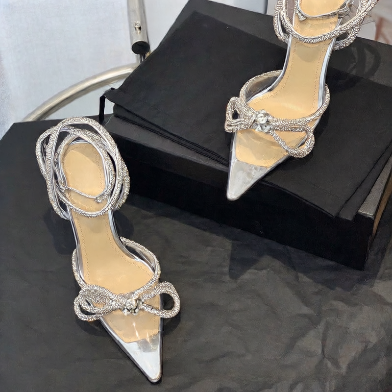 Black Satin Crystal Rhinestone Bow Heels for Women | Diamond Bow Pointed Toe Slingback Stiletto Sandals | Luxury Bridal Wedding Crystal Bow Pumps | Designer Inspired Jewel Bow Evening Heels