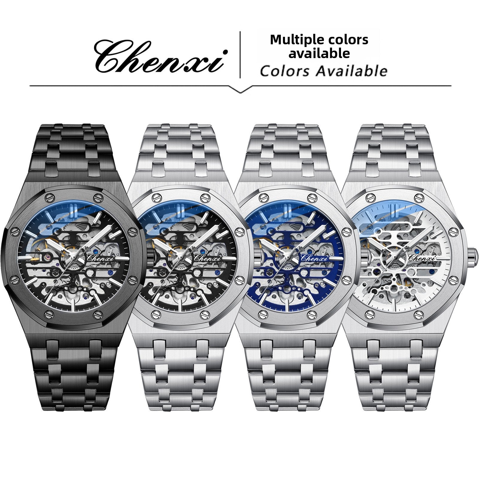 Chenxi Men's Skeleton Mechanical Watch | Royal Oak Style Octagonal Screw Bezel Blue Accent | Silver Stainless Steel Bracelet Luxury Timepiece