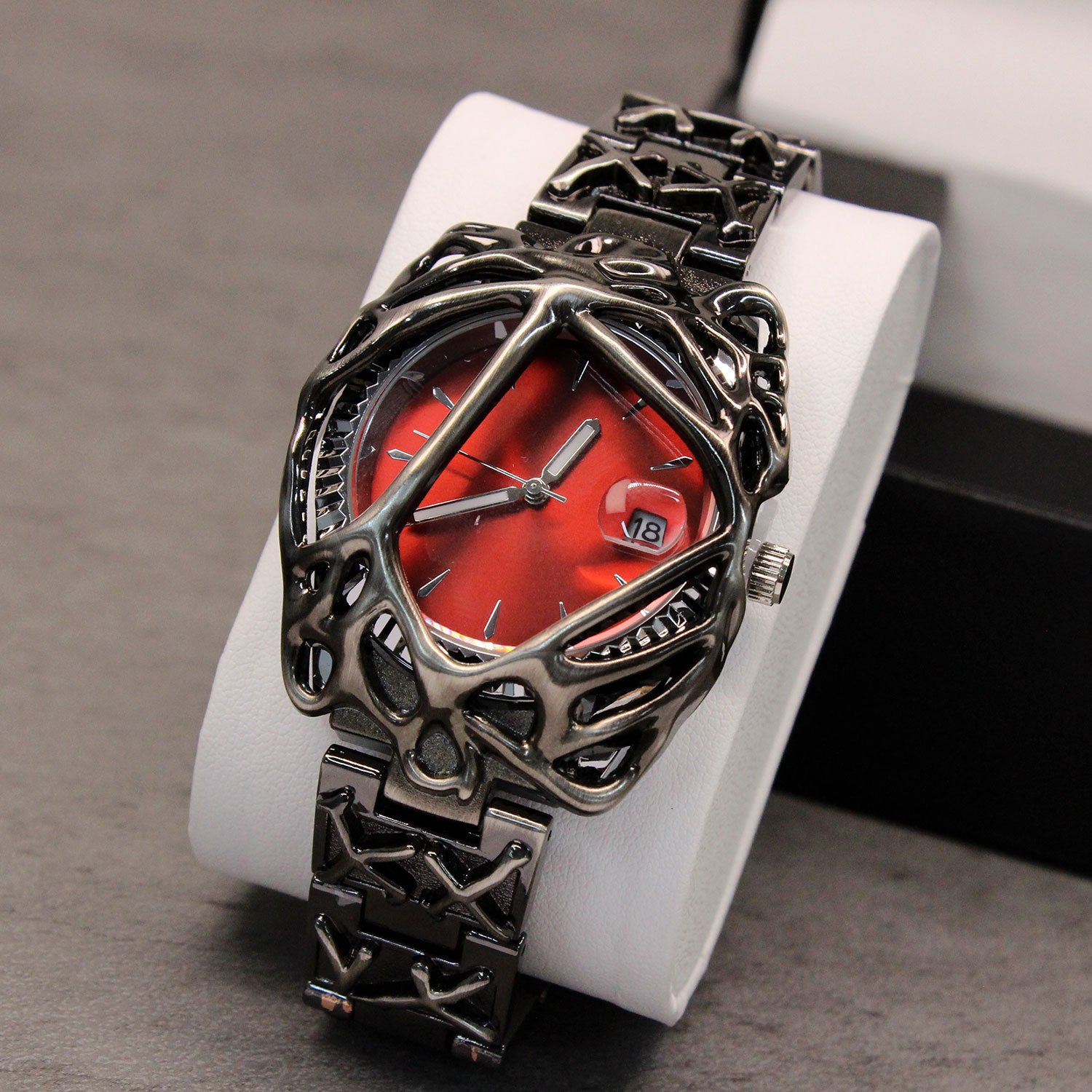 Avant-Garde Black Sculpted Web Watch for Men | Red Gradient Dial Dark Art Luxury Quartz Timepiece