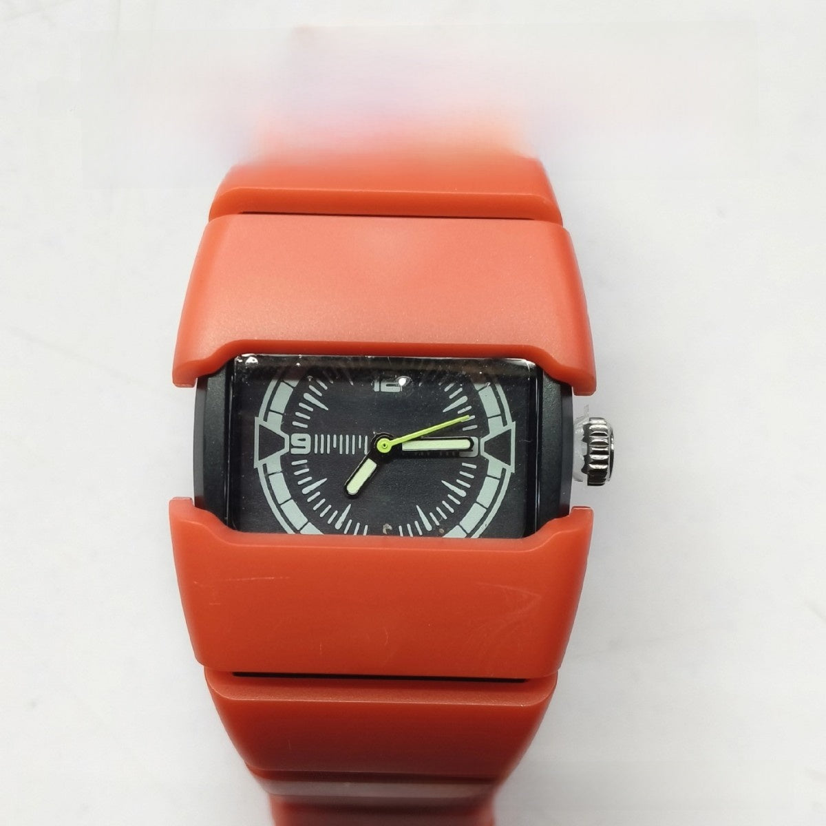 Men's Futuristic Wide Rectangular Watch | Matte Silver Aluminum Case Black Dial Neon Green Hands | Diesel Style Techwear Sport Timepiece