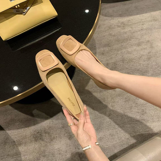 Suede Square Toe Flat Shoes with Square Buckle | Women's Slip-On Ballet Flats