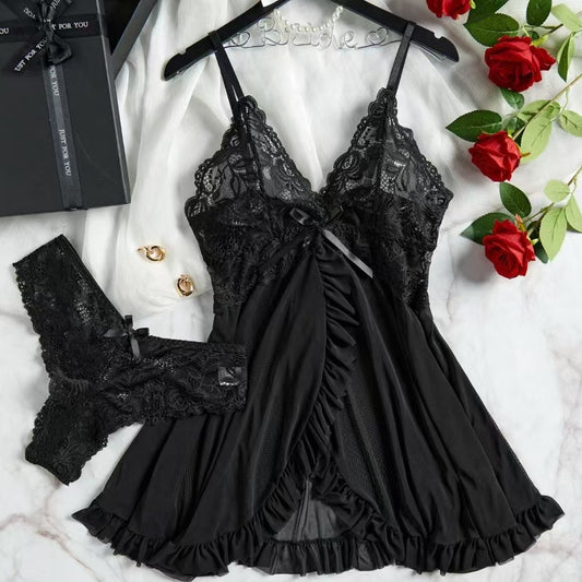 Women's Lace Babydoll Lingerie Dress Sexy Deep V Bow Front Sheer Mesh Mini Chemise Sleepwear 6 Colors