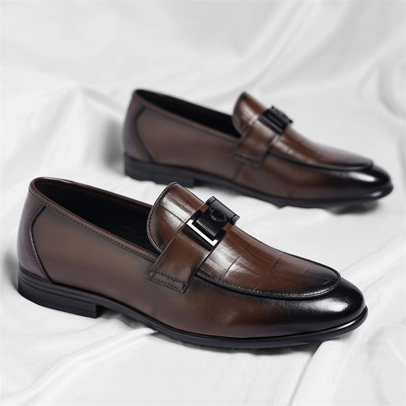 Men's Dark Brown Leather Loafers | Black Metal Hardware Strap Pointed Toe Luxury Dress Shoes