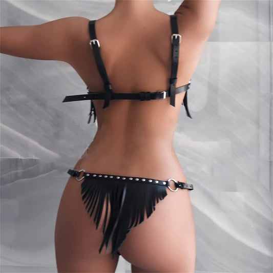 Black Faux Leather Fringe Bikini Set | Rivet Studded O-Ring Tassel Top & Bottoms | Edgy Rock Festival Two Piece Swimsuit Women
