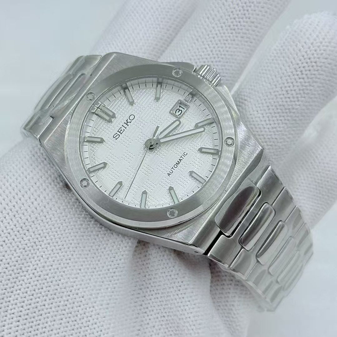 Seiko Automatic Watch Men | Arabic Numeral Blue Tapisserie Dial | Octagon Screw Bezel | Silver Steel Royal Oak Style Watch