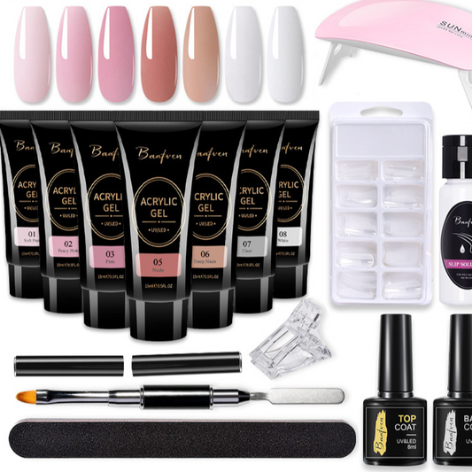 Baafven 11PCS Acrylic Gel Nail Extension Kit | Poly Gel Set with UV LED Nail Lamp, Top & Base Coat, Nail Forms & Tools