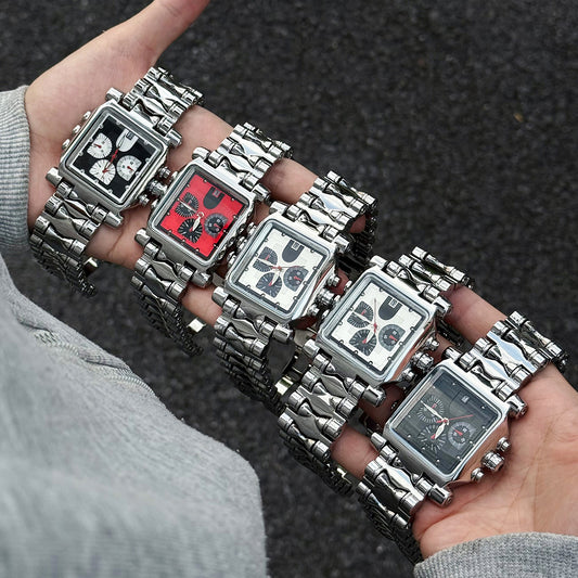 Square Chronograph Watch Men | Red Dial Triple Sub-Dial | Silver Stainless Steel Robot Bracelet | Bold Sport Watch