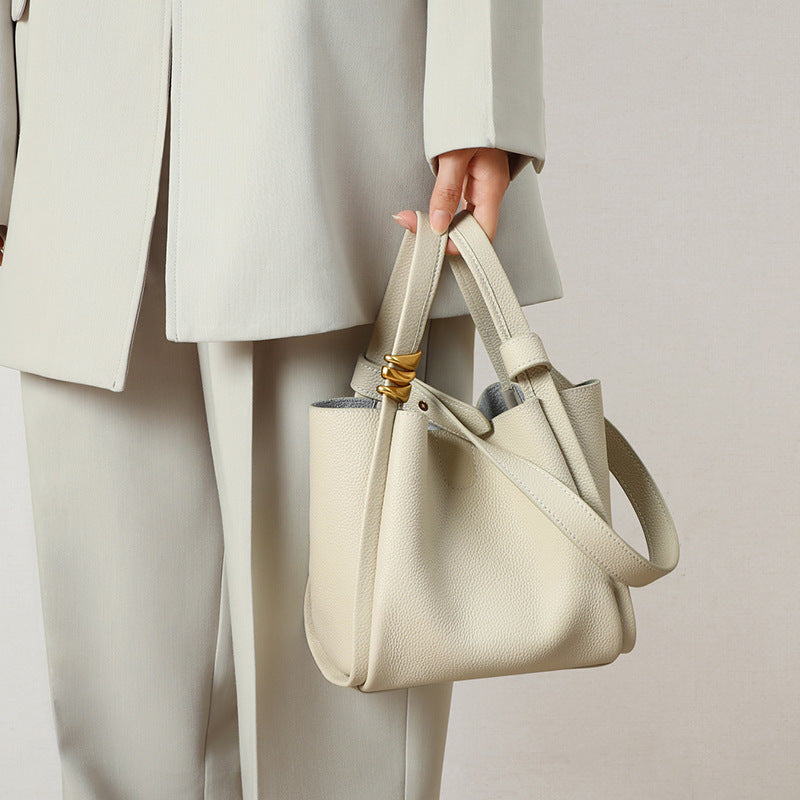Cream Ivory Leather Tote Bag - Women's Shoulder Bag with Gold Knot Detail | Large Pebbled Leather Tote for Work & Everyday