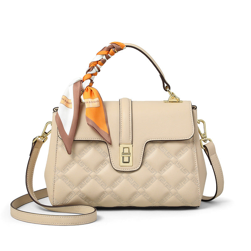 Beige Quilted Leather Satchel Bag - Diamond Stitched Crossbody Handbag with Scarf | Women's Structured Top Handle Bag with Gold Hardware