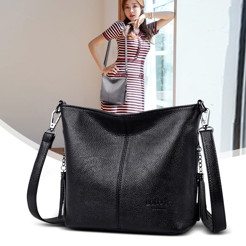Black Pebbled Leather Crossbody Bag with Tassel | Hobo Shoulder Bag