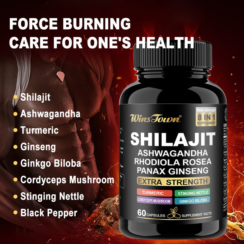 WinsTown Shilajit 8-in-1 Extra Strength Supplement | Ashwagandha Rhodiola Ginseng Turmeric Cordyceps | 60 Capsules Energy & Vitality Support
