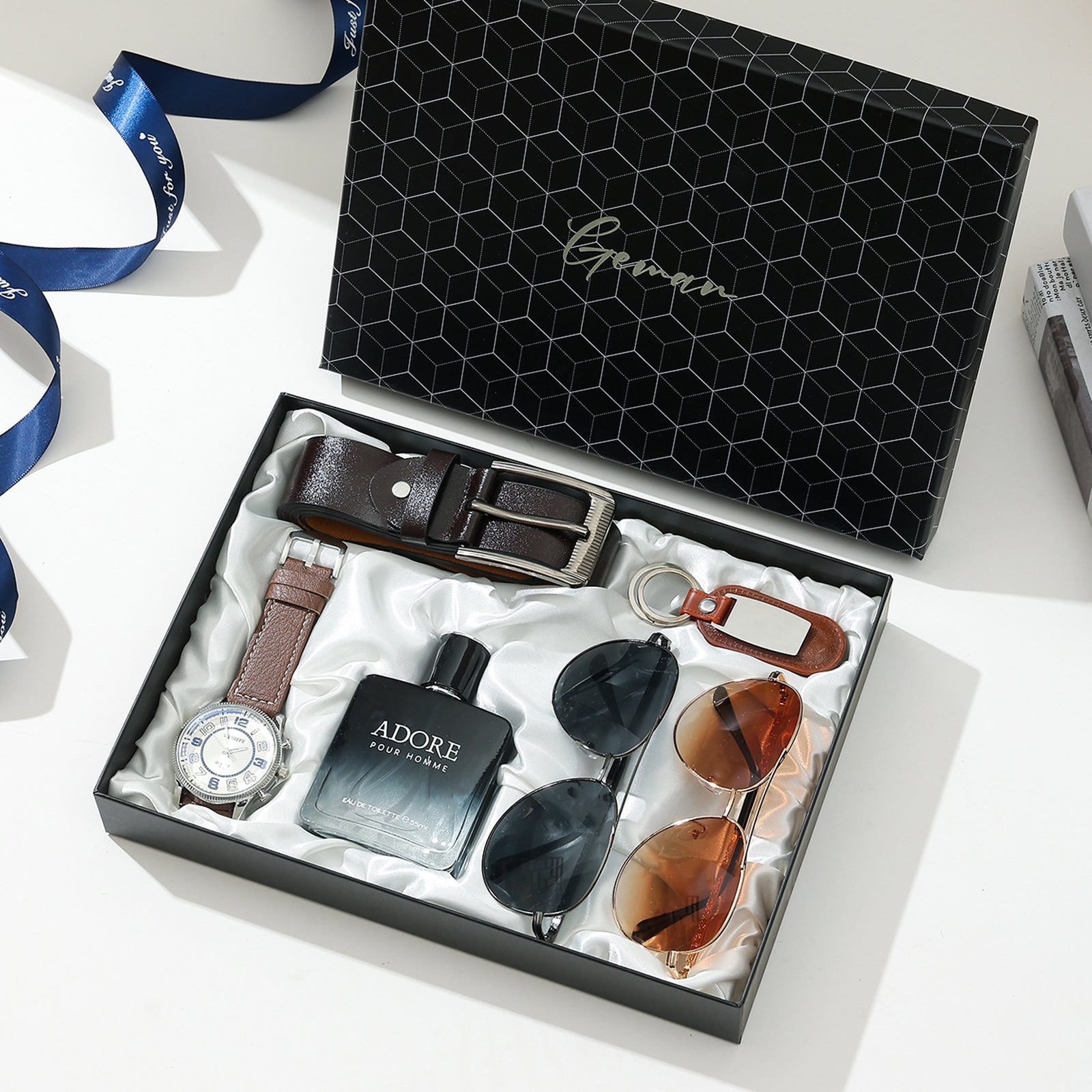 Geman Men's Luxury Gift Set – 6-Piece Black Leather Belt, Wallet, Watch, Bracelet, Keychain & Pen Box Set | Premium Men's Gift