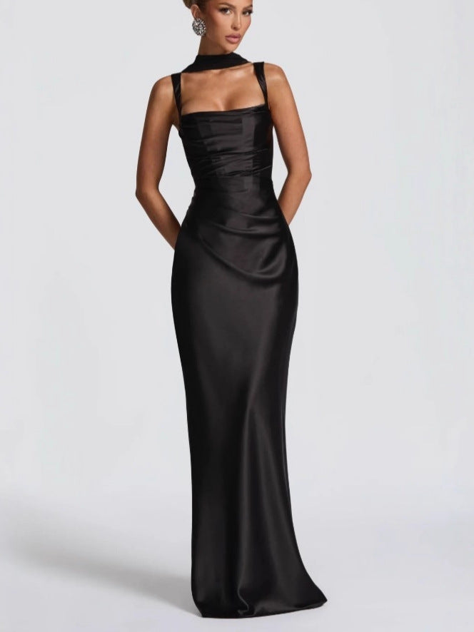 Women's Navy Blue Satin Maxi Dress | Square Neck Ruched Bodycon Formal Gown with Gloves | Elegant Evening Prom Wedding Dress