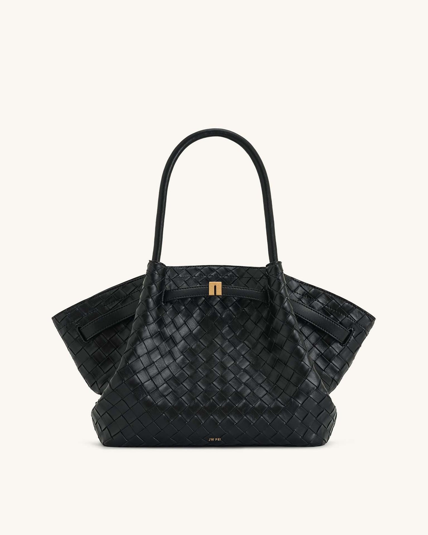 Borsa a mano strutturata in camoscio nero con design ad ala | Borsa tote trapezoidale