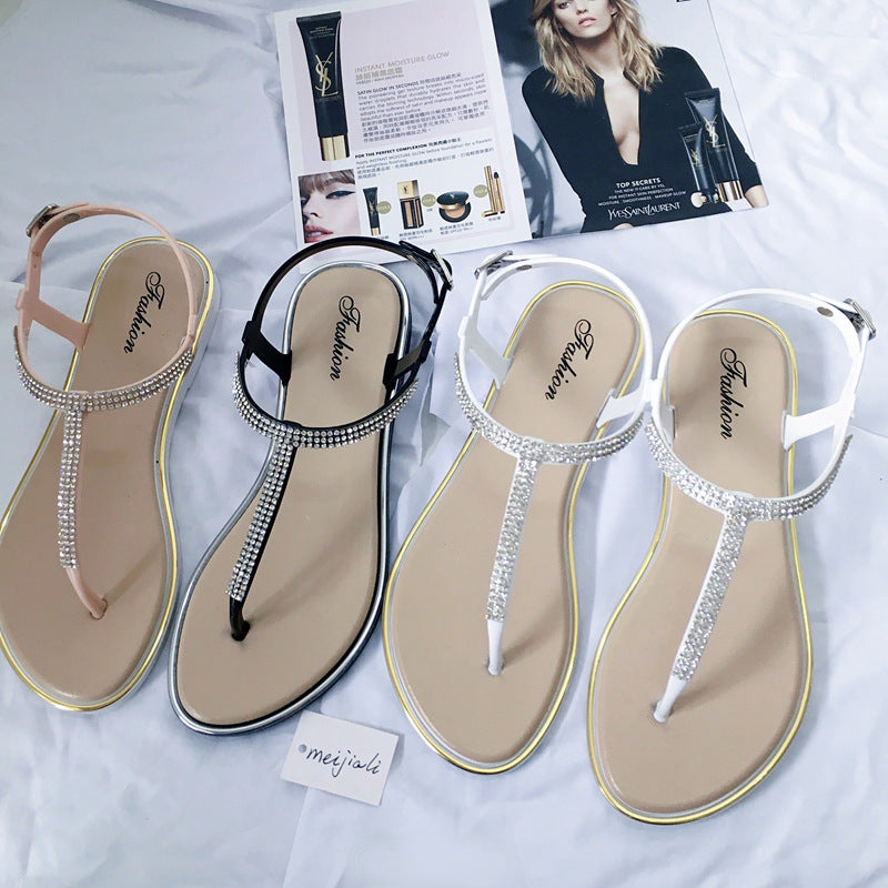 Rhinestone Crystal T-Strap Thong Flat Sandals | White Black Pink Diamante Ankle Strap Beach Sandals for Women