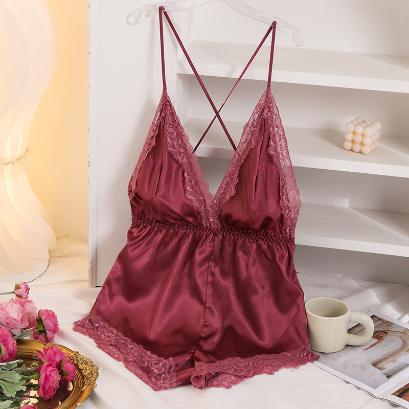 Women's Red Satin Lace Trim Romper Playsuit Sexy Deep V Neck Elastic Waist Sleeveless Lingerie Sleep Romper Shorts