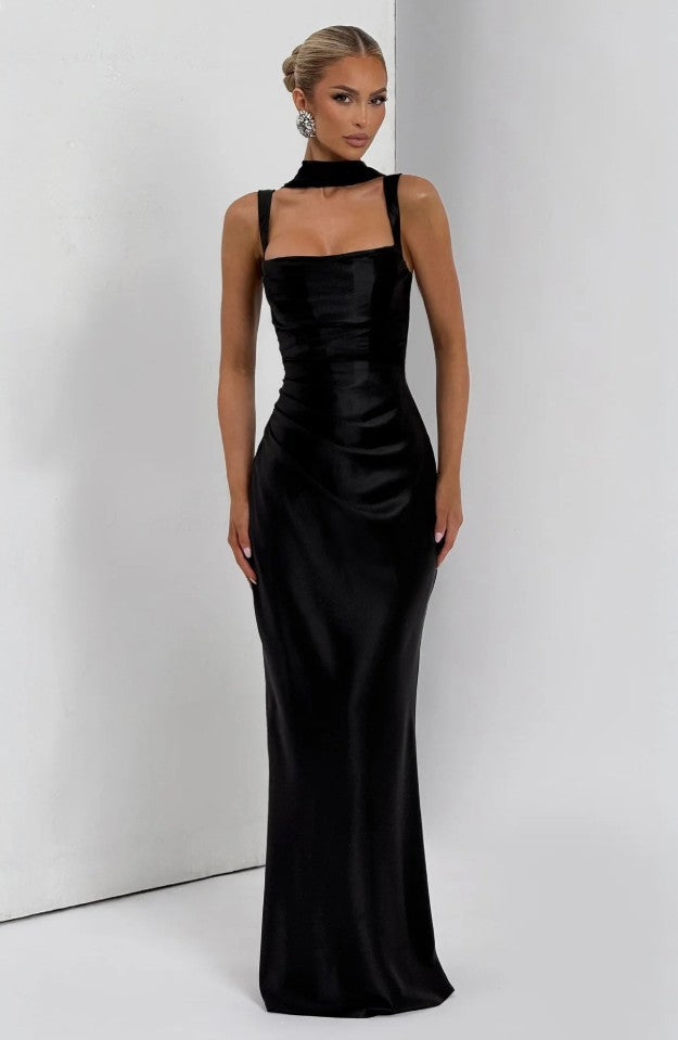 Women's Navy Blue Satin Maxi Dress | Square Neck Ruched Bodycon Formal Gown with Gloves | Elegant Evening Prom Wedding Dress