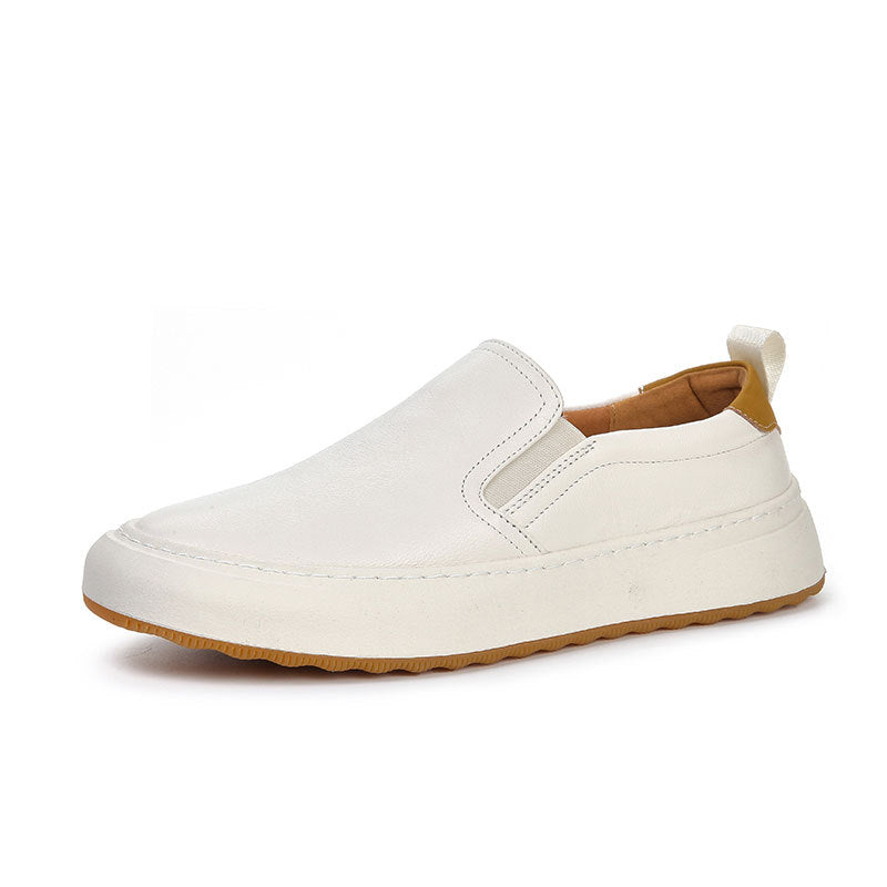 White Leather Slip-On Sneakers Men Casual Loafers Elastic Panel Gum Sole Minimalist Flat Shoes